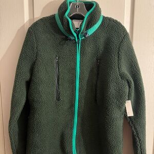 Amazon Essentials Dark Green Teddy Jacket with Bright Teal Trim